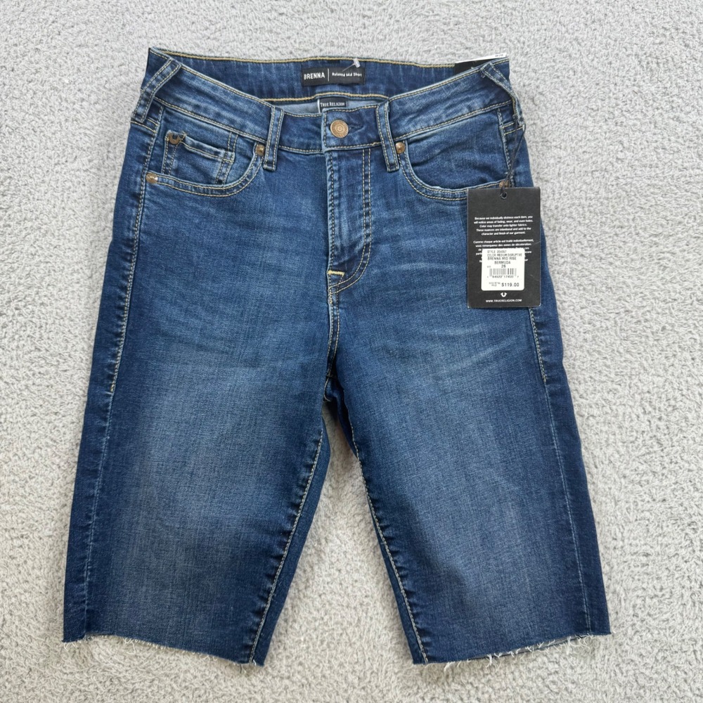 True Religion Brenna Mid Rise Bermuda Shorts Distressed Denim Size 26